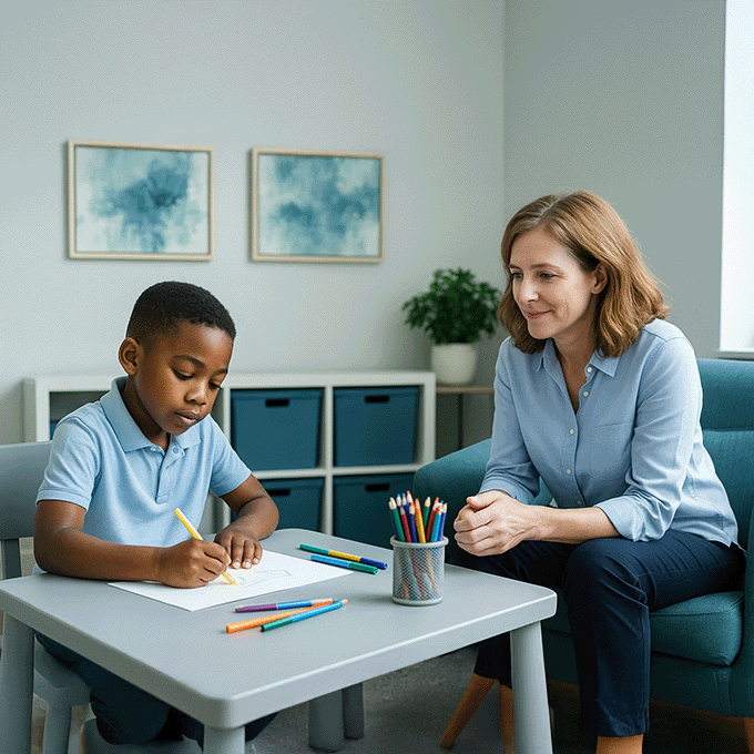 A child therapist in a therapy session with a young boy.