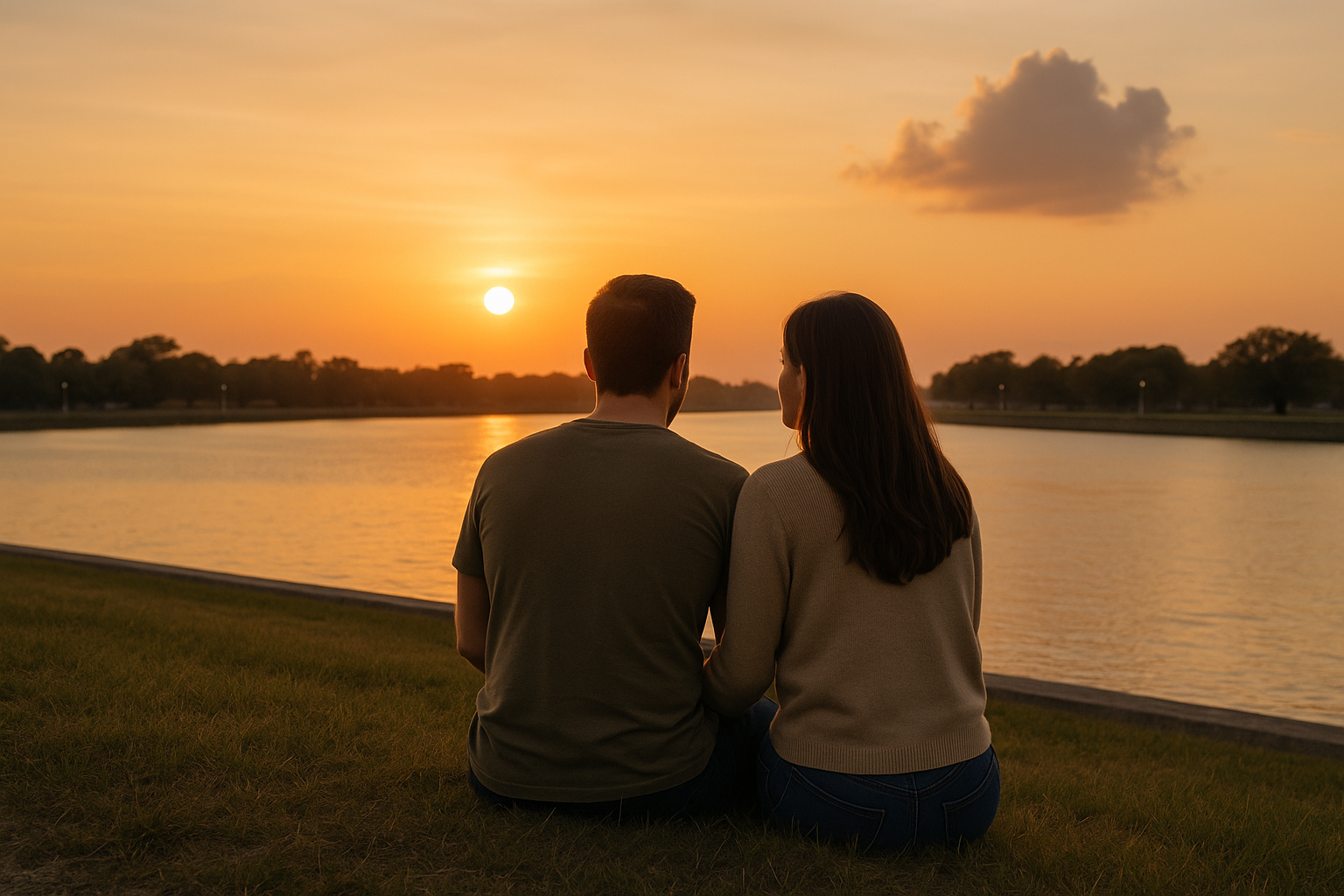 A reconnected New Orleans couple enjoying the sunset while sitting on a levee.