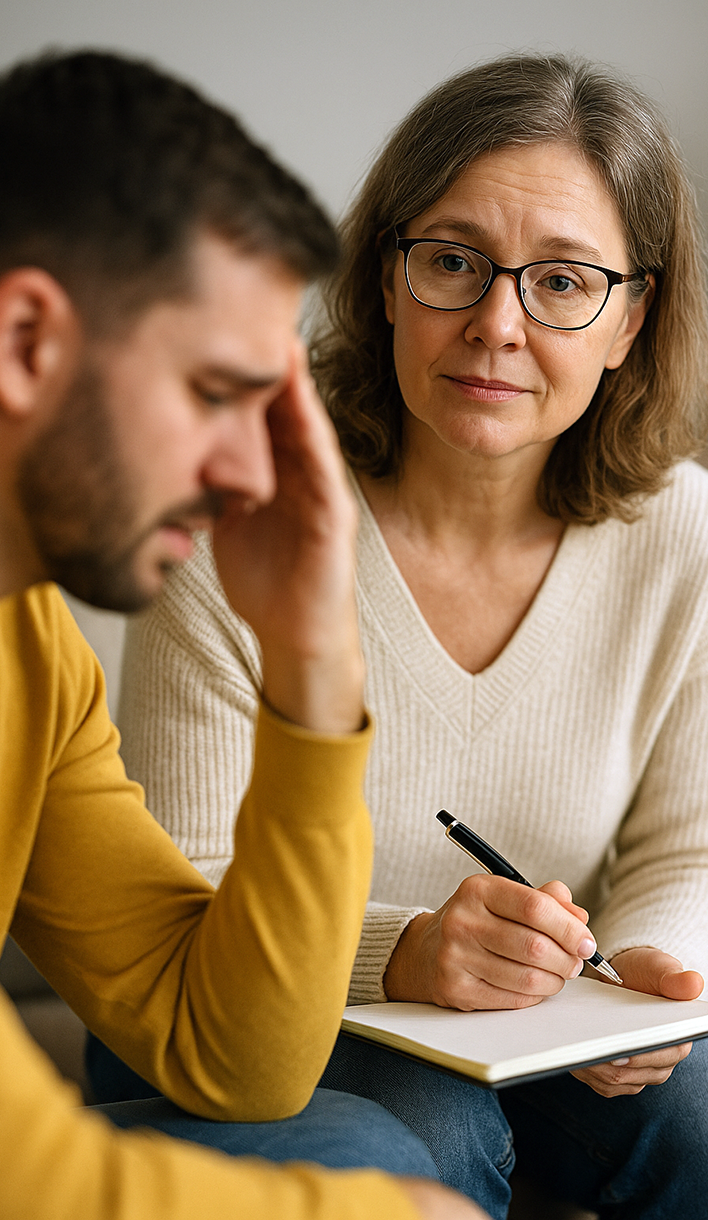 A psychologist in New Orleans listening to a male patient during their therapy session.